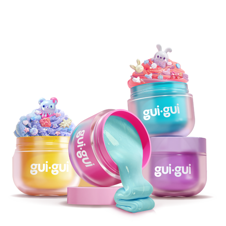 Gui Gui slime containers piled on top of each other with the beautified slime spilling out.