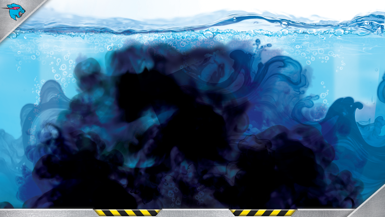 Black and blue smoke emerging under water with MrBeast logo in top left corner. 